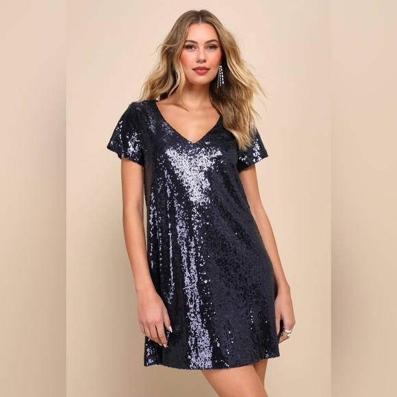 Lulu's Light Up The Night Navy Sequin V-Neck Shirt Dress- Size XS - Picture 3 of 13